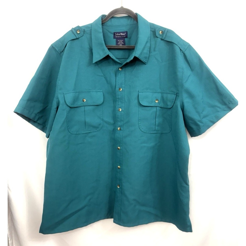 John Blair Teal Safari Short Sleeve Button Front Shirt Epaulets Mens Size 2XL